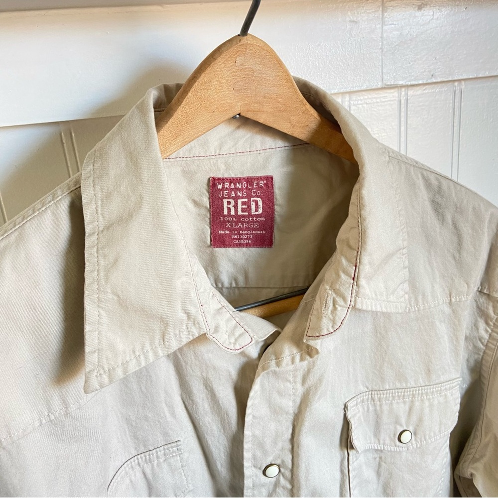 Wrangler "Red" Line Western Pearl Snap XL Shirt Cowboy Rodeo Cowgirl Tan Khaki